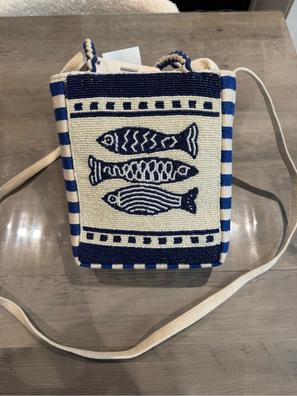 Handwoven Blue & Cream Fish Motif Crossbody Bag